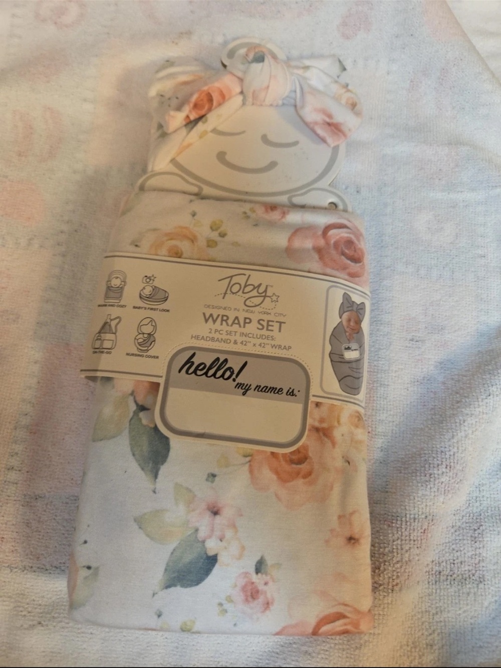 Toby Baby Girl 2 Pc Wrap Set Headband & 42” x 42” Wrap Nursing Cover Brand New
